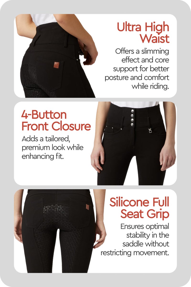 HORZE Women's Tara Full Seat Silicone Grip Breeches | Stretchable, High Waist with 4 Pockets - Black - 30 - Image 4